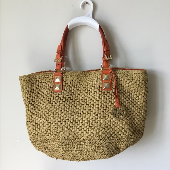 MICHAEL Michael Kors Handbags - MICHAEL Michael Kors Santorini Raffia and Orange Leather Basket Tote Bag.